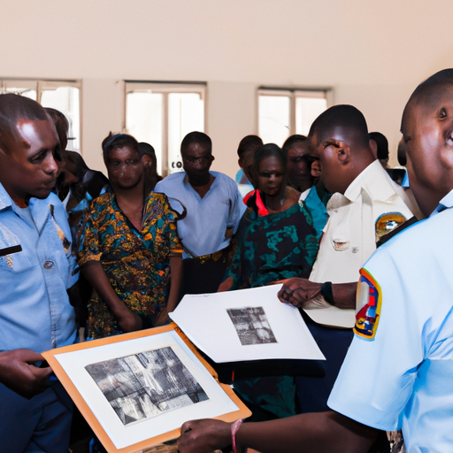 Un groupe de familles kényanes reconnaissantes entourées de photos encadrées de leurs proches disparus. Au premier plan, un représentant de la secte Shakahola remet respectueusement un dossier scellé à un officier de police. L'atmosphère est à la fois grave et empreinte de soulagement dans ce moment de vérité et de closure.