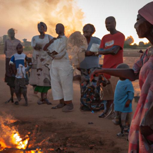 Un groupe diversifié de survivants se rassemble autour d'un feu de camp dans un village au Soudan du Sud, symbole de solidarité et de guérison. Des femmes, des enfants et des hommes se tiennent côte à côte, affichant des expressions de résilience et d'espoir. Au loin, un ciel étoilé et une lueur d'aube rappellent un renouveau à venir. Capturer la chaleur humaine et la force collective malgré les épreuves passées.