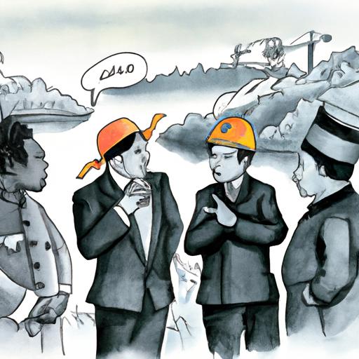 Illustration HD représentant des hommes d'affaires chinois discutant avec des représentants locaux au bord d'une mine, symbolisant les tensions liées aux intérêts économiques dans le Nord-Kivu en RDC. Les tenues des personnages doivent refléter un mélange de cultures chinoise et congolaise, tandis que le paysage montagneux en arrière-plan évoque la région frontalière avec le Rwanda. L'atmosphère doit être à la fois chargée de promesses d'opportunités et de menaces pour la stabilité régionale.