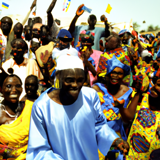 Un visuel représentant un scène de célébration au Sénégal; un groupe diversifié de personnes heureuses et festives arborant des vêtements traditionnels colorés, agitant des drapeaux du pays. Au centre, Diomaye Faye, souriant et saluant la foule avec enthousiasme. L'arrière-plan montre un paysage sénégalais pittoresque sous un ciel clair et ensoleillé, avec des symboles de démocratie et d'unité.