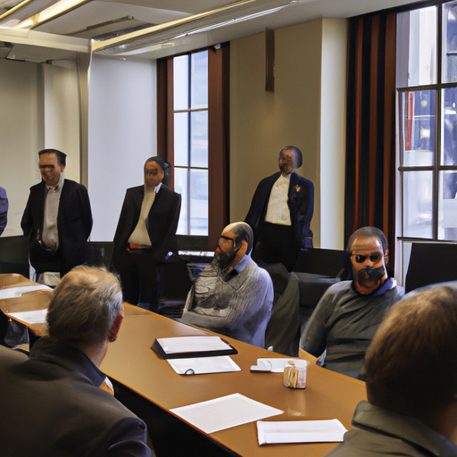 Un groupe restreint de cadres expérimentés du parti présidentiel entouré de nouveaux venus inexpérimentés, tous réunis autour d'une table de réunion. Les membres expérimentés semblent sûrs d'eux, échangeant des regards complices, tandis que les novices semblent attentifs mais légèrement dépassés. L'atmosphère est à la fois sérieuse et légère, reflétant le dynamisme et la diversité de l'équipe dirigeante.