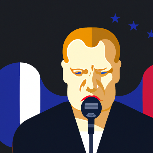 Un homme politique aux traits européens, le visage empreint de sérieux et de regret, debout devant un microphone. Autour de lui, des drapeaux français et internationaux flottent dans le vent. Son expression traduit l'émotion intense alors qu'il aborde le thème du génocide. L'illustration doit refléter à la fois la gravité du sujet et la responsabilité politique en soulignant la diversité des nations impliquées.