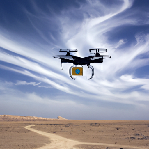 Un drone iranien survole un paysage désertique, transportant un chargement menaçant. Au loin, on aperçoit des symboles israéliens. Le ciel est rempli de tension alors que l'action se déroule.