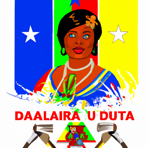 Illustration HD de Dall E représentant Judith Suminwa Tuluka, première femme cheffe du gouvernement en RDC. Elle est debout, regard déterminé, entourée de symboles du leadership féminin et de l'emblème du pays. Un fond mettant en valeur la diversité culturelle et la richesse naturelle de la République démocratique du Congo.