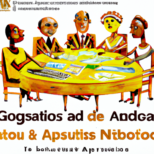 Une représentation visuelle d'un groupe de dirigeants ghanéens et de représentants internationaux autour d'une table de négociation. Les visages sont empreints de sérieux et de préoccupation, symbolisant les discussions ardues sur la dette du Ghana. Des cartes du pays et des graphiques financiers sont visibles en arrière-plan, soulignant l'importance économique de la situation. L'atmosphère est à la fois tendue et empreinte d'un désir de trouver une solution.