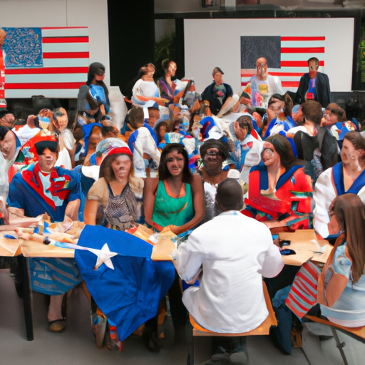 Un groupe diversifié de personnes de différentes nationalités se réunit autour d'une table de conférence, arborant des costumes représentant fièrement chacun des 50 pays impliqués dans le partenariat. Le drapeau américain est en évidence, symbolisant l'alliance mondiale pour la santé. Une atmosphère de collaboration et d'échange bienveillant se dégage de la scène, mettant en avant l'importance de la solidarité internationale pour faire avancer les efforts de santé globale.