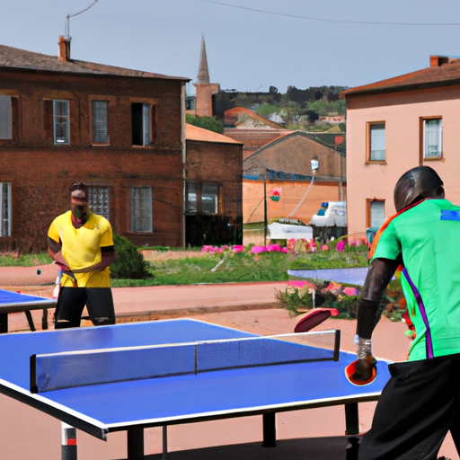 Des athlètes africains s'entraînent au tennis de table pour les JO de Paris 2024 dans un village de l'Aveyron, soutenus par les habitants locaux. Montre un groupe diversifié d'athlètes concentrés à la table, entourés par des résidents encourageants, sous un ciel ensoleillé et des collines verdoyantes en arrière-plan. Capturer l'esprit de collaboration et de détermination.