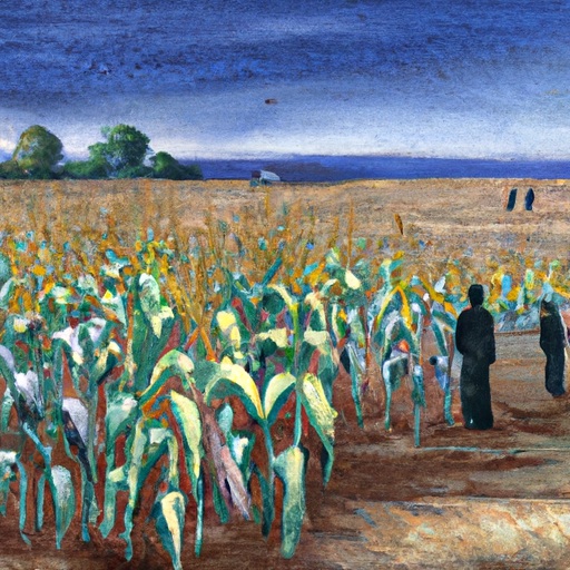 Une illustration HD montrant un champ de maïs au Zimbabwe menacé par la sécheresse. Les plantes affaiblies par le manque d'eau, le sol craquelé et le ciel aride renforcent l'urgence de la situation. Des villageois regardent avec inquiétude, symbolisant les défis auxquels ils sont confrontés.