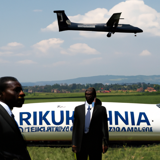Un avion lumineux et moderne décolle du sol rwandais, symbolisant le début des expulsions prévu dans 3 mois. Au loin, la silhouette du ministre Rishi Sunak observe avec une expression confiante, représentant son engagement. Le paysage rwandais verdoyant en arrière-plan souligne l'espoir et la nouveauté de ce programme controversé.