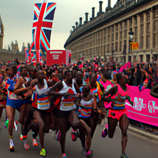 Un groupe de coureuses kényanes franchissent la ligne d'arrivée du marathon de Londres, célébrant une victoire historique avec un nouveau record du monde féminin. L'ambiance est festive, marquée par des drapeaux colorés et des supporters en liesse. Au loin, le fameux Big Ben et des bâtiments emblématiques de la capitale britannique se profilent sous un ciel clément.