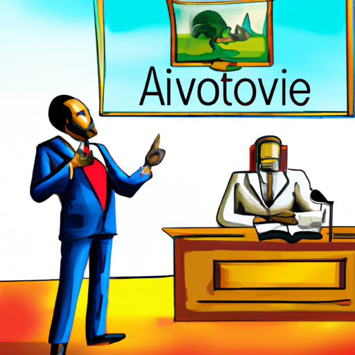 Illustration HD montrant un avocat déterminé, représentant Kinshasa, remettant une mise en demeure à une entreprise avec des minerais en arrière-plan. L'avocat pointe du doigt les minerais "importés par contrebande" du Rwanda, tandis que l'entreprise semble surprise. Le décor est un bureau d'avocat élégant mais sobre, avec des dossiers et une balance symbolique de justice.