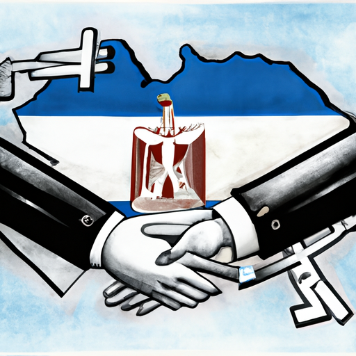 Une illustration représentant une scène diplomatique entre l'Égypte et Israël, mettant en avant l'opposition égyptienne à une éventuelle invasion de Rafah par Israël. L'image devrait inclure des symboles de paix et de négociation, tels que des drapeaux, des mains serrées et des cartes géographiques des zones concernées. L'ambiance générale doit refléter la tension diplomatique tout en restant respectueuse et non conflictuelle.