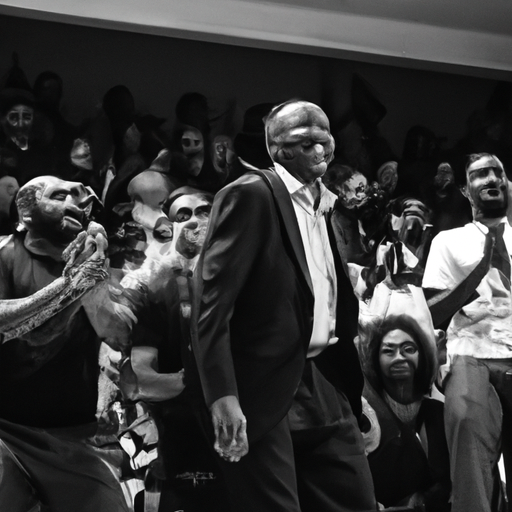 Un ancien sans-abri, Jeremiah Armstead, souriant et recevant le prix Perry Wallace lors d'une cérémonie de basket-ball. Jeremiah, un homme noir d'âge moyen, est vêtu de façon décontractée mais élégante, entouré de ballons de basket et de supporters enthousiastes. La scène se déroule dans un gymnase lumineux et festif, illustrant la reconnaissance de son parcours inspirant dans le monde du basket-ball.