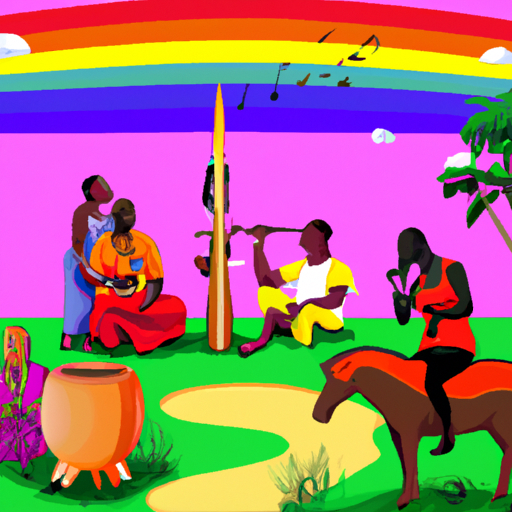 Une illustration HD représentant une scène paisible en Ouganda, avec des éléments culturels locaux et des symboles de diversité, pour accompagner un article sur les réactions variées à la loi anti-LGBTQI. Montrer un groupe diversifié de personnes célébrant la tolérance et l'inclusion malgré les défis juridiques. Mettre en avant l'harmonie et la résilience au sein de la communauté face à l'adversité.