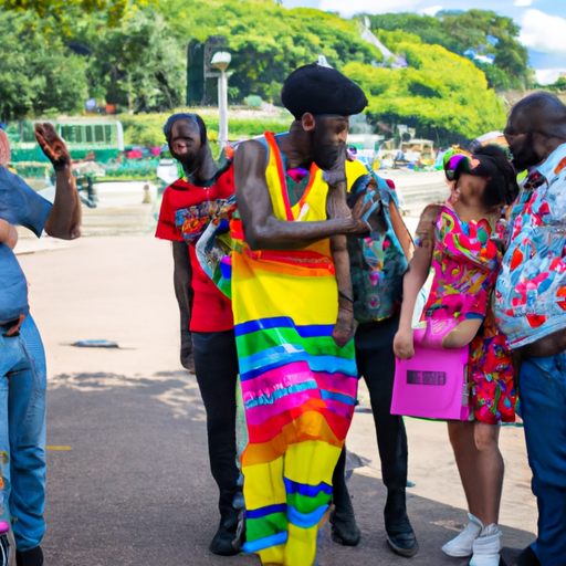 Un groupe varié de personnes réagit de manière diversifiée après le maintien de la loi anti-LGBTQ en Ouganda. Un individu solennel tient une pancarte "Love is Love", un groupe discute vivement, tandis qu'un autre manifeste en silence en brandissant un drapeau arc-en-ciel. La scène se déroule devant un bâtiment gouvernemental, reflétant un débat sociétal intense.