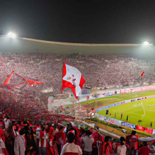 Une foule passionnée de supporters de football en rouge et blanc se rassemble devant un stade avec des drapeaux et des écharpes, créant une atmosphère de ferveur et d'excitation. Au loin, le logo de l'Al Ahly SC brille, symbolisant la détermination de l'équipe à atteindre les demi-finales de la Ligue des champions de la CAF.