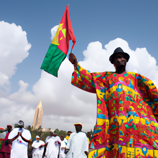 Un homme en costume traditionnel tchadien levant le drapeau national avec d'autres symboles de la démocratie autour de lui. Des motifs culturels tchadiens ornent son vêtement. Au loin, des partisans heureux et d'autres mécontents exprimant des opinions divergentes. L'image doit dégager à la fois la célébration et la tension de l'événement politique, sans connotations violentes ni personnages reconnaissables.