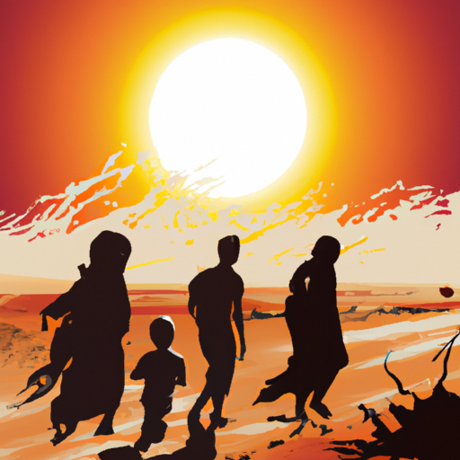 Une illustration HD représentant un groupe de migrants clandestins fuyant à travers le désert tunisien. On y voit des silhouettes fatiguées et anxieuses marchant sous un soleil brûlant, avec au loin des mirages suggérant l'espoir et la détresse de leur voyage périlleux.