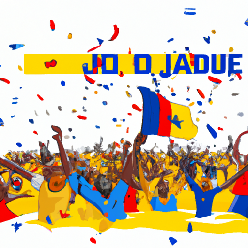 Des partisans enthousiastes célèbrent la victoire de Mahamat Déby lors de l'élection présidentielle au Tchad. Créez une illustration HD captivante de cette scène joyeuse et festive, mettant en avant des supporters célébrant avec des drapeaux et des slogans de campagne, reflétant l'atmosphère de victoire et de liesse.