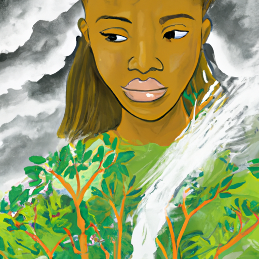 Illustration d'une jeune femme luttant contre les éléments naturels pour symboliser la résilience face aux défis du changement climatique. On la voit plantant des arbres sous une pluie battante, avec un sourire déterminé sur son visage. La scène est remplie de verdure luxuriante, de nuages sombres et de gouttes de pluie dynamiques.