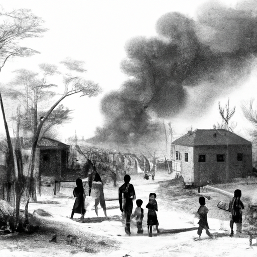 Illustration HD d'une scène au Darfour au Soudan, montrant des habitants fuyant leur village sous la menace de paramilitaires. Des maisons incendiées en arrière-plan, des membres des forces de sécurité armés bloquant le chemin. Des visages paniqués et des éléments marquant la destruction de la communauté. L'atmosphère est chargée de tension et de désespoir.