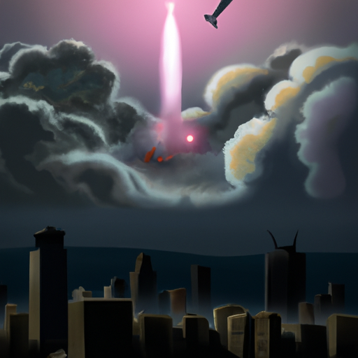 Un missile israélien en vol au-dessus de la bande de Gaza, entouré de nuages de fumée, tandis que des lumières éclatent au sol. Les bâtiments en contrebas montrent des signes de dommages, illustrant l'intensification des hostilités.