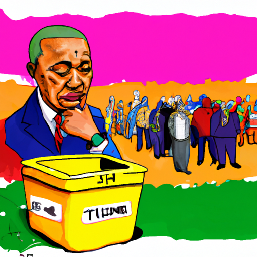 Un illustrateur captivant représentant une scène symbolique en Afrique du Sud : montre un ancien président, Zuma, regardant tristement une urne électorale, entouré de ses partisans déçus. Utilise des couleurs vives pour dépeindre un contraste émotionnel fort.