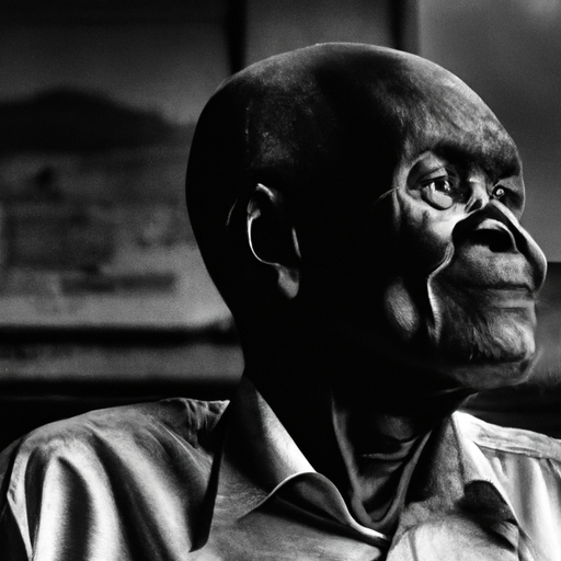 Un ancien président africain regarde tristement à travers une fenêtre embuée, scrutant l'horizon alors que des ombres de grilles de prison se dessinent sur son visage. Ses mains semblent attachées derrière son dos, symbolisant sa récente inéligibilité aux élections générales. Un drapeau national en arrière-plan ajoute une touche de contexte politique à l'image.