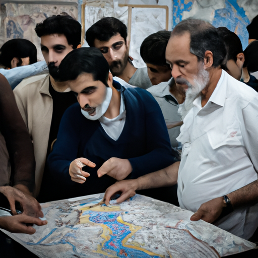 Un groupe de personnes iraniennes diverses et préoccupées se rassemblent autour d'une carte de l'Iran, l'air grave et déterminé. Les visages montrent l'anxiété et la résolution face à une crise imminente. Des symboles représentant l'économie, la santé et la politique sont dispersés sur la carte, soulignant les nombreux défis auxquels le pays est confronté. L'atmosphère est à la fois sombre et empreinte d'espoir alors que les citoyens se préparent à faire face à l'adversité. Une illustration captivante de l'esprit de solidarité et de détermination du peuple iranien en temps de crise.
