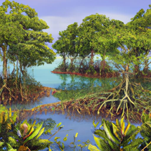 Une illustration montrant une vaste étendue de mangrove luxuriante, avec des racines aériennes s'étendant dans l'eau claire. Des oiseaux exotiques survolent la canopée dense, tandis que des crabes et des poissons nagent dans les eaux tranquilles. L'atmosphère est paisible mais vibrante, mettant en valeur la diversité et la richesse de cet écosystème crucial. Prompt: Crée une illustration HD représentant un paysage de mangrove florissant, mettant en avant la beauté et la vitalité de cet écosystème.