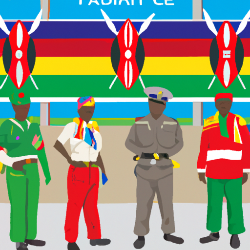 Illustration HD d'un croisement animé entre la culture kényane et haïtienne : un groupe de policiers kényans attend patiemment à l'aéroport, entouré de symboles des deux pays. Des drapeaux colorés flottent au-dessus d'eux, tandis que des éléments typiques des deux nations se fondent harmonieusement dans le décor. L'atmosphère est à la fois festive et professionnelle, reflétant l'attente temporaire due à des contraintes logistiques.