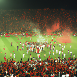 Une foule en liesse applaudissant avec des drapeaux du club de football Al Ahly, célébrant la victoire de l'équipe lors de la finale de la Ligue des champions de la CAF. Des joueurs souriants, arborant leurs maillots rouges et blancs, brandissant le trophée. Le stade est rempli d'émotion et de joie, avec des feux d'artifice illuminant le ciel nocturne.