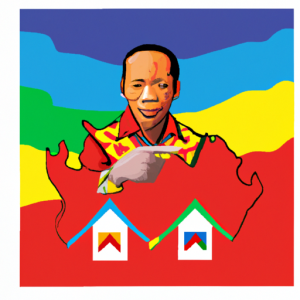 Une illustration HD représentant un homme politique votant dans une atmosphère électorale en Afrique du Sud, avec des éléments distinctifs de Soweto, tels que des maisons colorées et une ambiance festive. Montrer un leader charismatique exprimant confiance et engagement démocratique.