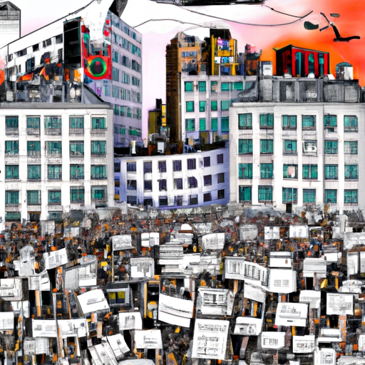 Une illustration HD représentant une manifestation à Londres contre les logements inadéquats pour les migrants. L'image montre une foule diversifiée de manifestants pacifiques brandissant des pancartes avec des messages de soutien aux migrants. Des bâtiments de la ville en arrière-plan, symbolisant le contraste entre richesse et précarité. L'atmosphère est à la fois déterminée et pacifique.