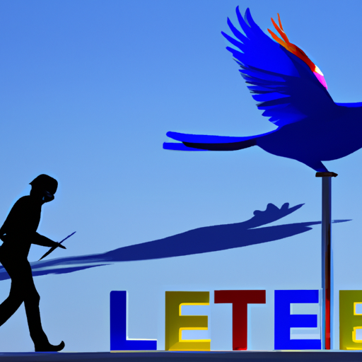 Un journaliste, tenant une plume géante, écrit des mots comme "vérité" et "liberté" qui se transforment en oiseaux colorés s'envolant vers le ciel. En arrière-plan, une imposante balance symbolise l'équilibre de l'information.