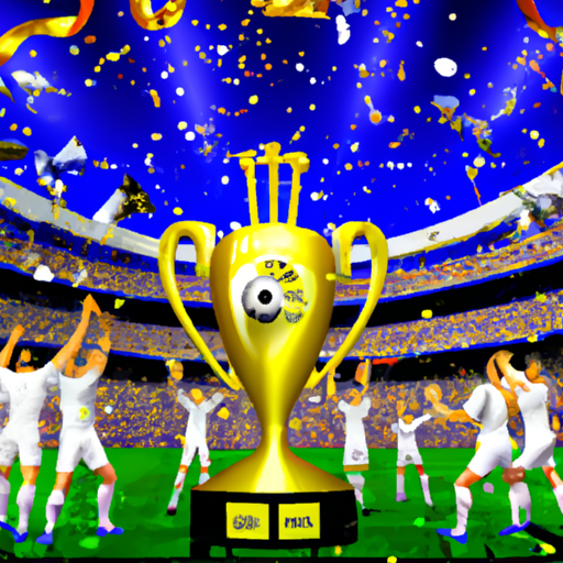 Une illustration montrant une scène de célébration passionnée sur un terrain de football, avec des joueurs du Real Madrid brandissant le trophée de champion d'Espagne. Les visages des joueurs expriment la joie et la victoire, entourés par des supporters en liesse. Le stade est rempli de drapeaux et de confettis, créant une ambiance festive et triomphante.