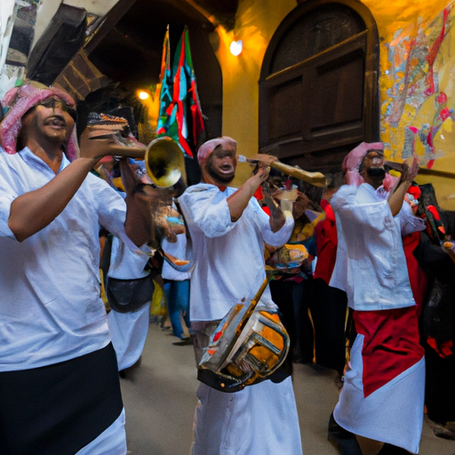 Un groupe diversifié de musiciens jouant des tambours traditionnels égyptiens dans les rues animées du Caire, entourés de bâtiments historiques et de drapeaux colorés. Des danseurs vêtus de costumes traditionnels se mêlent à la foule tandis que la musique emplit l'air de joie et de célébration, illustrant ainsi l'atmosphère du Festival des Tambours et la fusion culturelle qui anime la capitale égyptienne.