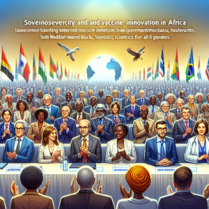 Une illustration HD représentant un rassemblement international pour la souveraineté et l'innovation vaccinale en Afrique, mettant en avant la diversité des participants et l'enthousiasme pour le progrès médical sur le continent. Des scientifiques, des représentants gouvernementaux et des citoyens africains engagés sont réunis dans un cadre inspirant, symbolisant l'espoir et la collaboration pour un avenir plus sain en Afrique.