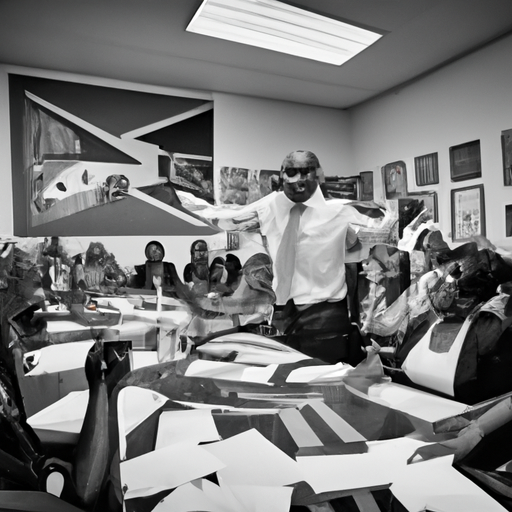 Un groupe de membres de l'ANC se réunit dans une salle de réunion, entouré de dossiers et de documents importants. Au centre, un leader charismatique mène une discussion animée avec des expressions sérieuses. Les murs sont ornés de drapeaux de l'Afrique du Sud. Tous les membres semblent concentrés et déterminés alors qu'ils négocient avant un vote crucial à l'Assemblée.