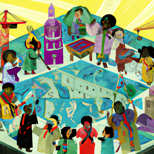 Une illustration d'une scène dynamique et colorée représentant un groupe diversifié de personnes asiatiques et africaines travaillant ensemble sur des projets de développement, mettant en avant la coopération entre la Corée du Sud et l'Afrique. Des éléments tels que des outils de construction, des livres et des symboles de croissance économique comme des graphiques en flèche peuvent être inclus pour renforcer le thème du progrès et de l'entraide internationale.