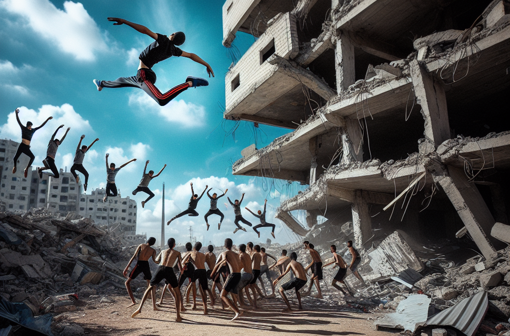 Jeunes Palestiniens pratiquent le parkour sur les ruines de Gaza