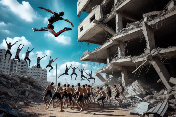 Jeunes Palestiniens pratiquent le parkour sur les ruines de Gaza