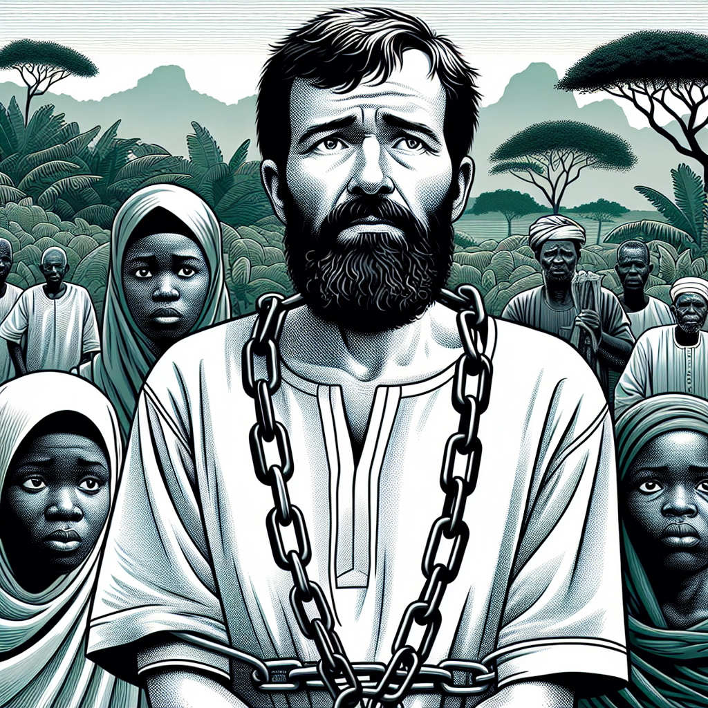 Une illustration représentant un humanitaire portugais retenu en captivité en Centrafrique. L'image montre un homme barbu, vêtu de manière simple, retenu par des chaînes symboliques dans un décor représentant la nature luxuriante de la région. Des regards inquiets de membres de sa famille en arrière-plan renforcent l'urgence de sa libération.