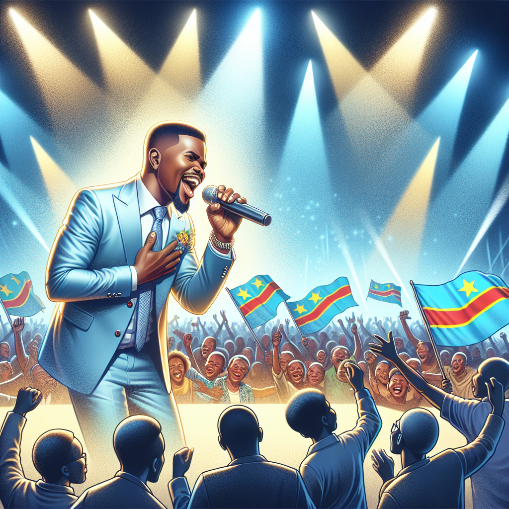 Illustration HD représentant un concert en République démocratique du Congo, mettant en scène Mike Kalambayi en train de chanter sur scène avec une foule joyeuse autour de lui. Des lumières vives éclairent la scène tandis que des drapeaux colorés flottent dans le public. L'atmosphère festive est palpable malgré la tragédie récente.