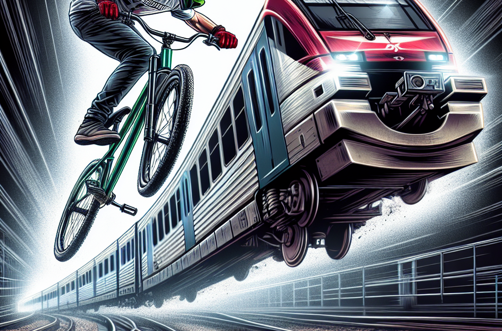 Dawid Godziek, freestyler polonais, fait du VTT sur un train.