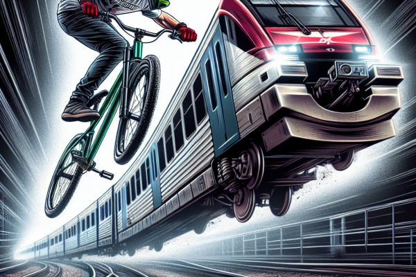 Dawid Godziek, freestyler polonais, fait du VTT sur un train.