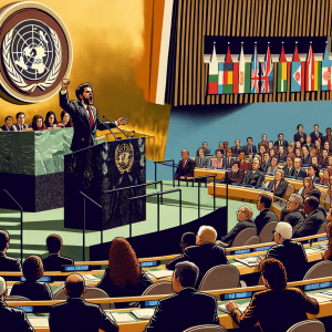 Une illustration HD représentant un discours fort du président Ramaphosa de l'ONU condamnant Israël et appelant à la fin de "l'apartheid à Gaza". L'image devrait montrer un porte-parole officiel debout sur une tribune, exprimant avec passion un message de justice et de solidarité internationale. Des drapeaux symboliques en arrière-plan et une audience variée attentive devraient renforcer le contexte de la scène.