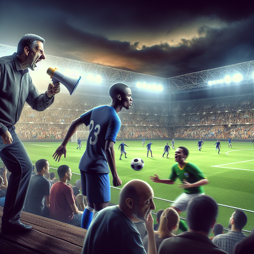 Un supporter condamné pour racisme envers Vinícius Júnior et Samuel Chukwueze. Description visuelle de l'illustration: Un stade de football animé avec des fans divers en train de regarder un match. Au premier plan, un homme agressant verbalement Vinícius Júnior et Samuel Chukwueze avec des discours haineux. Les joueurs, affichant de la résilience, ne réagissent pas. L'atmosphère générale contraste entre la joie du sport et la négativité du comportement discriminatoire.