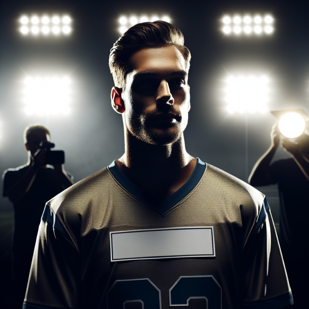 Un joueur de football célèbre, portant un maillot générique sans logo identifiable, est entouré de lumières de projecteurs de stade. Son visage exprime la détermination et le sérieux. En arrière-plan, des silhouettes floues symbolisent la controverse et l'attention médiatique. L'ambiance générale est à la fois sombre et intense.