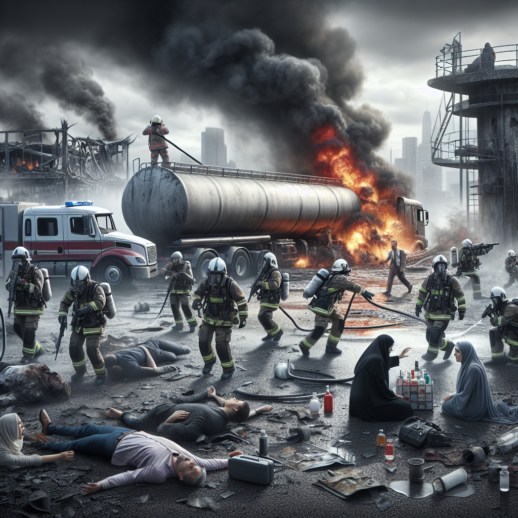 Un camion-citerne explose au Nigeria, causant 90 décès. Créez une illustration HD représentant une scène de désolation après l'explosion, avec des secouristes en action et des civils choqués, illustrant la tragédie de l'accident.
